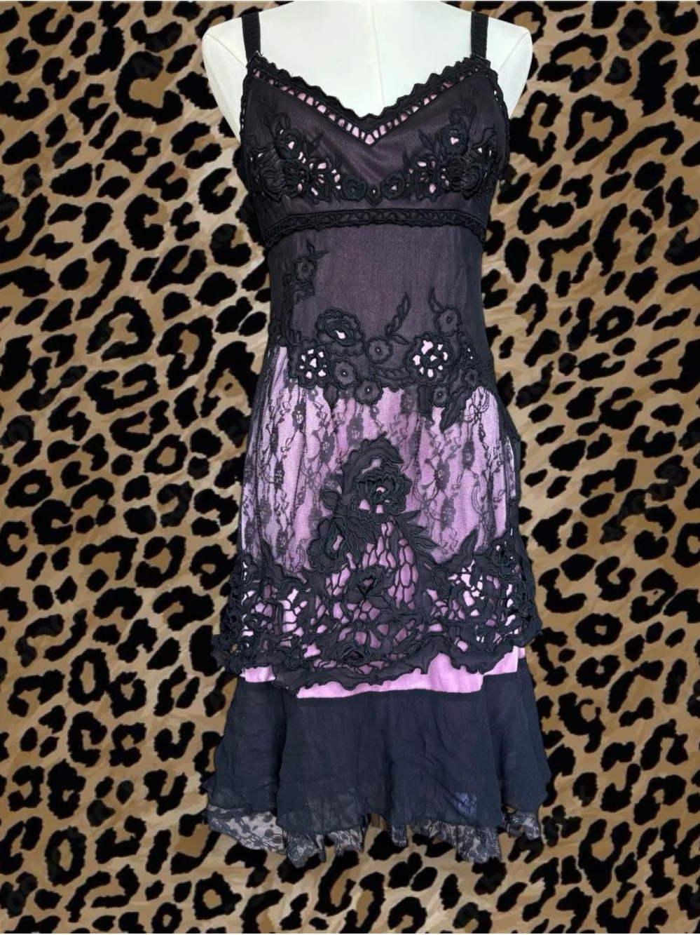 Silk Sue Wong Black Lace Slip with Rose Pink Satin Underlay